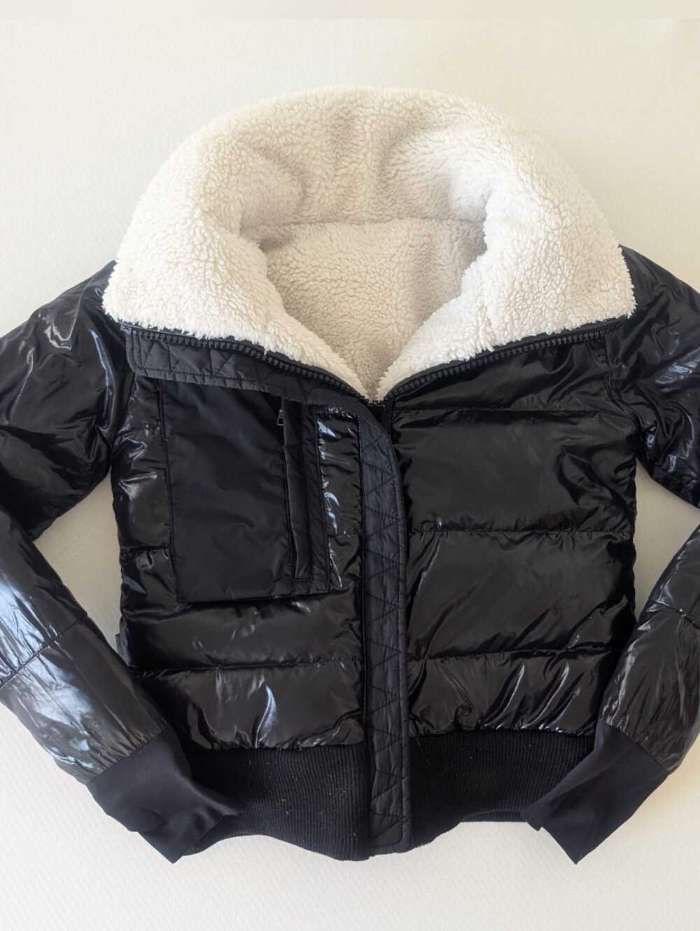 SAM. New York Women’s Black White Puffer Jacket Sherpa Mixed Down Short Zip S